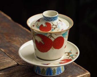 Juego de té Gaiwan de lichi pintado a mano, cerámica oriental para gongfu, caja de regalo