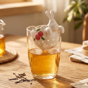 Puede incluir: Un vaso de té ámbar con un infusor de té de cerámica blanca con forma de conejito. El infusor está decorado con cerezas rojas y hojas verdes. Hojas de té sueltas esparcidas sobre la superficie de madera.