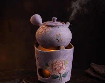 Handmade Ceramic Teapot with Warmer Base Peony Floral Teaware Set for Tea Lovers,Unique Housewarming  Gift