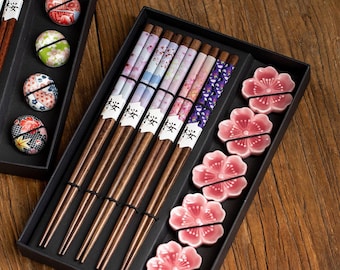 Juego de palillos japoneses de madera antideslizantes con base de cerámica, regalo de boda