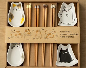 Juego de palillos de animales de dibujos animados, cuencos y platos a juego, regalo de inauguración de la casa