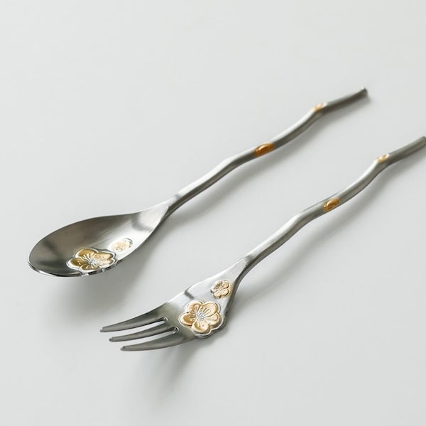 Handcrafted Japanese Stainless Steel Spoon and Fork Set, Cherry Blossom Design