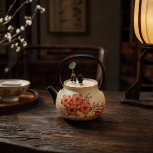 May include: A cream-colored ceramic teapot featuring a hand-painted red plum blossom design, a black curved handle, and a black spout. A small decorative green and red beaded charm hangs from the top of the handle, and a black lid knob sits on top.
