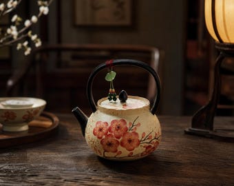 Japanese Ceramic Teapot,Handpainted Plum Blossom,Teakettle Jade Charm Gongfu Teaware,Housewarming Gift for Tea Lovers