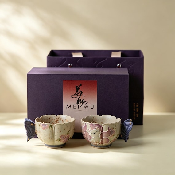 Cute Ceramic Fox Teacup Premium Chinese Tea Set Floral Butterfly Gold Luster Mug