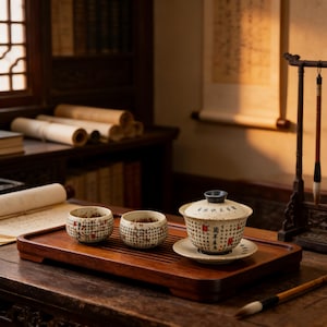 May include: A tea set with two small cups, a lidded teapot, and a saucer, all with a cream-colored base and red and black Chinese characters. The set sits on a dark wooden tray.