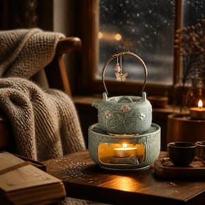 May include: A light green ceramic teapot with a textured floral pattern and a curved handle featuring a small hanging butterfly charm. The teapot rests on a matching cylindrical ceramic warmer base containing a lit tea light candle.