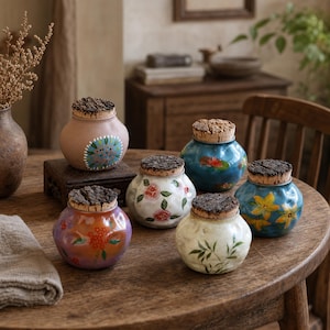 May include: A collection of five small, rounded ceramic jars with cork stoppers. Each jar features unique hand-painted floral or botanical designs in various colors, including pink, orange, blue, and white, set against smooth, glazed surfaces.