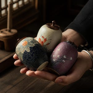 May include: Three small ceramic jars with dark wooden lids. One jar is dark blue with a large white flower, one is cream-coloured with orange floral accents, and one is purple with a delicate white branch pattern. Each jar has a textured finish.
