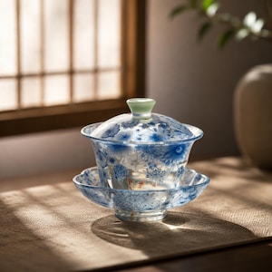 Puede incluir: Un juego de té gaiwan de cristal transparente con un patrón floral azul y una pequeña ilustración de mariposa. El conjunto incluye un cuenco, un platillo a juego con borde festoneado y una tapa rematada con un pomo de color verde pálido.