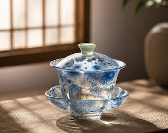 Handcrafted Glass KungFu Teaware Set,Blue Butterfly Flower Gaiwan Teapot & Cups,Unique Housewarming Birthday Gift
