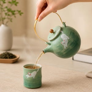 May include: A sage green ceramic teapot with a gold-toned metal handle and a small wooden knob on the lid, featuring a white cat illustration. The teapot is pouring tea into a matching green ceramic cup that also displays a white cat graphic.