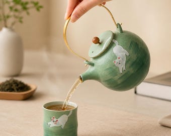 Ceramic Teapot with Cat Hand Painted Beam Handle,Japanese Tea Pot in Gift Box,Unique Gift for Cat Lovers