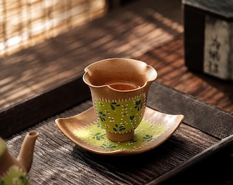 Handmade Ceramic Teacup Saucer Set,Flower Shaped Zen Oriental Wabi Sabi Gift,Unique Housewarming Birthday Gift