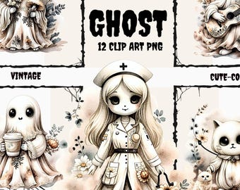 Vintage Floral Ghost Clipart: Whimsical Halloween PNG (Instant Download)