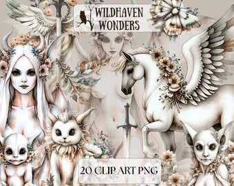 Watercolor Fantasy Clipart Set: Dragons, Floral Swords (Digital Download)