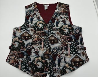 VTG 90s Christmas tapestry vest winter scene button front red back grandma M