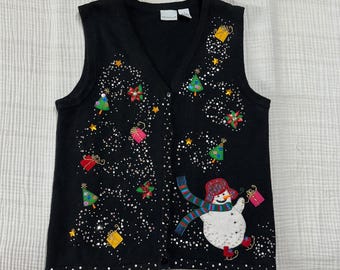 VTG Kim Roger's Ugly Christmas Sweater Vest Snowman Presents Beaded 90s small