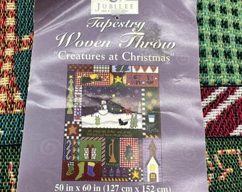 VTG Jubilee Tapestry Christmas Throw Blanket "Creatures at Christmas " 50x60 USA