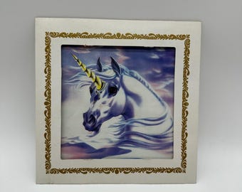 VTG 80s 90s Carnival Fair Prize Picture Unicorn Majestic Fantasy Art 8" x 8"
