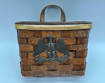 VTG Basketville Putney Vermont Woven Wood Basket w metal Eagle Emblem Americana