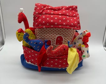 Vintage 80s Handmade Fabric Noahs Ark Play Set with 8 Matching Plush Animals