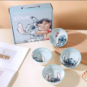Set 4 Pack Cartoon Ceramic Bowl 400ml (13.5 oz)  – Cute Blue Character Design, Gift-Boxed for Kids & Teens