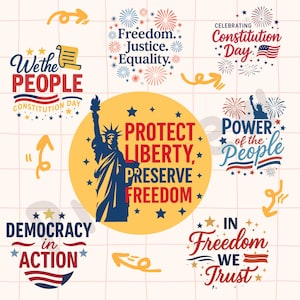 Könnte beinhalten: Eine patriotische Grafik mit der Freiheitsstatue, Sternen und Text. Sätze sind "Schütze Freiheit, bewahre Freiheit", "Freiheit, Gerechtigkeit, Gleichheit" und "In Freiheit vertrauen wir". Das Design feiert den Verfassungstag.