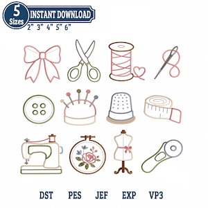 Könnte beinhalten: Ein Stickmuster-Set mit elf Symbolen zum Thema Nähen: Schleife, Schere, Garnrolle, Nadel, Knopf, Nadelkissen, Fingerhut, Maßband, Nähmaschine, Blumenstickrahmen, Schneiderpuppe und Rollschneider. Der Text lautet 5 Sizes 2" 3" 4" 5" 6" DST PES JEF EXP VP3.