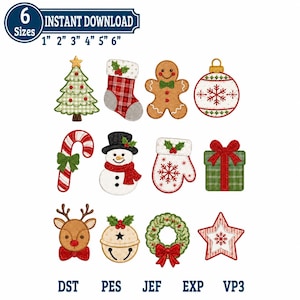 Könnte beinhalten: Ein digitales Stickmuster-Set mit zwölf Weihnachtsmotiven: Baum, Socke, Lebkuchenmann, Kugel, Zuckerstange, Schneemann, Fäustling, Geschenk, Rentier, Glocke, Kranz und Stern. Der Text enthält 6 Sizes 1" 2" 3" 4" 5" 6" sowie verschiedene Dateiformate.