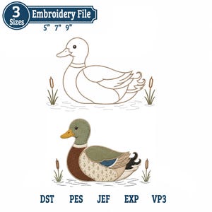 May include: An embroidery file design featuring two mallard ducks in a pond with cattails. One duck is a simple brown outline, while the other is filled with green, brown, and blue patterns. Text includes 3 Sizes 5" 7" 9" and DST PES JEF EXP VP3.