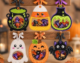 ITH Halloween Treat Bag Applique Embroidery Bundle, Ghost, Pumpkin, Cat Candy Holder Machine File, ITH Applique Bag Halloween
