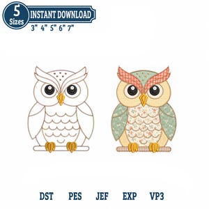 May include: An embroidery design featuring two owl illustrations. One is a simple outline, the other is filled with floral and gingham patterns in teal, peach, and cream. Text includes 5 Sizes 3" 4" 5" 6" 7" and file formats DST, PES, JEF, EXP, VP3.