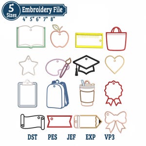 Puede incluir: Gráfico de archivo de bordado con diseños temáticos escolares. La imagen incluye un libro, una manzana, una regla, un bolso de mano, una estrella, una paleta, un birrete, un corazón, un portapapeles, una mochila, una taza de café, una cinta, un pergamino, una pancarta, un lápiz y un lazo. Tamaños: 10.16cm, 12.7cm, 15.24cm, 17.78cm, 20.32cm.