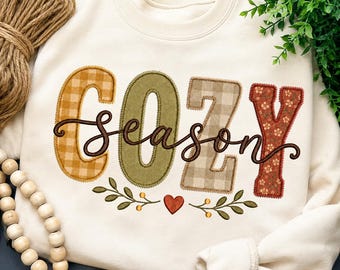 Cozy Season Applique Embroidery Design, Fall Reposition Applique Embroidery, Retro Halloween Varsity Cozy Sweatshirt Embroidery Digital File