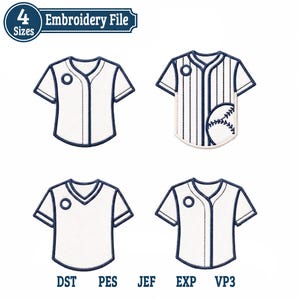 May include: Four baseball jersey embroidery files in white and navy blue. The designs include a solid jersey, a striped jersey with a baseball, and two V-neck jerseys. The image includes the text "Embroidery File" and "4 Sizes", along with file type abbreviations.