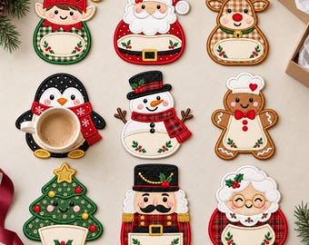 May include: A set of nine embroidered Christmas-themed coasters featuring an elf, Santa Claus, a reindeer, a penguin, a snowman, a gingerbread person, a Christmas tree, a nutcracker, and Mrs. Claus, with one coaster holding a coffee mug.