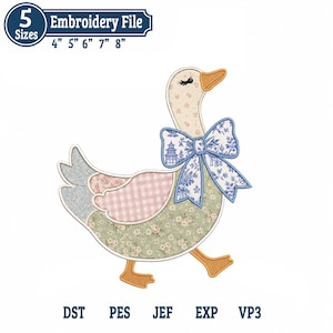 May include: An embroidery file featuring a whimsical goose design. The goose is adorned with a blue bow and patchwork details in pastel colours. The file includes sizes 10 cm, 13 cm, 15 cm, 18 cm, and 20 cm, and is compatible with various embroidery machine formats.