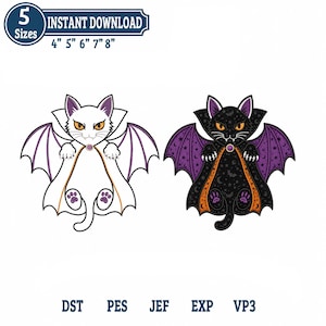 Peut inclure: Deux motifs de broderie de chat vampire, l'un blanc et l'autre noir, avec des ailes de chauve-souris violettes, des yeux orange et des capes. Le texte indique 5 Sizes, INSTANT DOWNLOAD, 4" 5" 6" 7" 8", DST, PES, JEF, EXP, VP3.