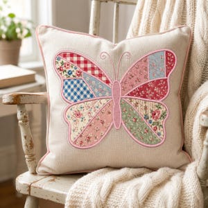Butterfly Quilted Applique Embroidery Design, Retro Butterfly Applique, Cottage Core Gingham Patchwork Embroidery, Spring Patchwork Design