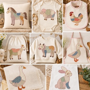 May include: A collection of off-white textile items featuring patchwork-style animal appliqués, including a horse pillow, a sheep bodysuit, a chicken bib, a goat drawstring bag, a cow sweatshirt, a duck apron, a goose blanket, and a rabbit towel.
