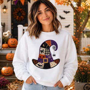 Heksenhoed Halloween Patchwork Applique Machine Borduurpatronen, Retro Spookhoed, Halloween Borduurpatroon (Digitaal Bestand)