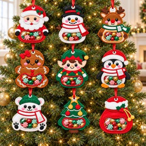 May include: Nine hanging Christmas ornaments featuring embroidered characters including Santa, a snowman, a reindeer, a gingerbread person, an elf, a penguin, a polar bear, a tree, and a gift bag, each with a clear window filled with colourful sweets.