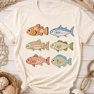 Diseño de bordado de aplique de patchwork de pez trucha, patrón de aplique de pez costero, animal oceánico tropical, descarga instantánea