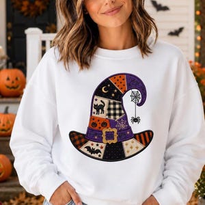 Witch Hat Halloween Patchwork Applique Machine Embroidery Designs, Retro Spooky Hat, Halloween Embroidery Design (Digital File)