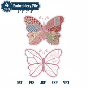 May include: A digital embroidery file design featuring two butterfly illustrations. The top butterfly has a patchwork pattern with floral, gingham, and plaid fabrics in pink, blue, and red. The bottom butterfly is a pink outline design.