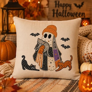 Halloween Ghost and Cats Patchwork Applique Machine Embroidery Design, Cute Spooky Witch Hat Digital Files, PES DST JEF VP3 Instant Download