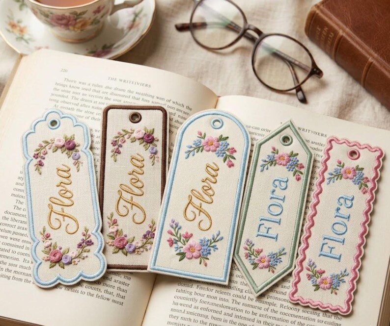 May include: Five rectangular fabric bookmarks with embroidered floral wreaths and the name Flora in cursive script. Each bookmark features a unique edge shape, including scalloped, rounded, and pointed designs, with a small eyelet at the top.