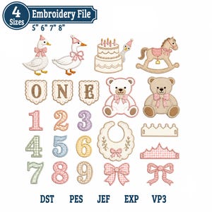 May include: A digital embroidery file set featuring 4 sizes: 5", 6", 7", and 8". Designs include geese with pink bows, a birthday cake, a rocking horse, the word ONE, teddy bears, numbers 1-9, a baby bib, crowns, and bows in pastel colors.