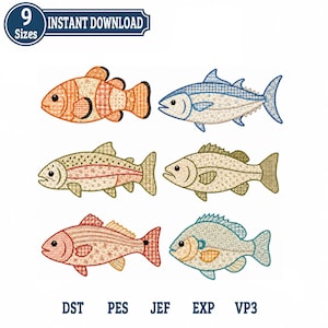 Trout Fish Patchwork Applique Embroidery Design, Coastal Fish Applique Pattern, Tropical Ocean Animal, Instant Download